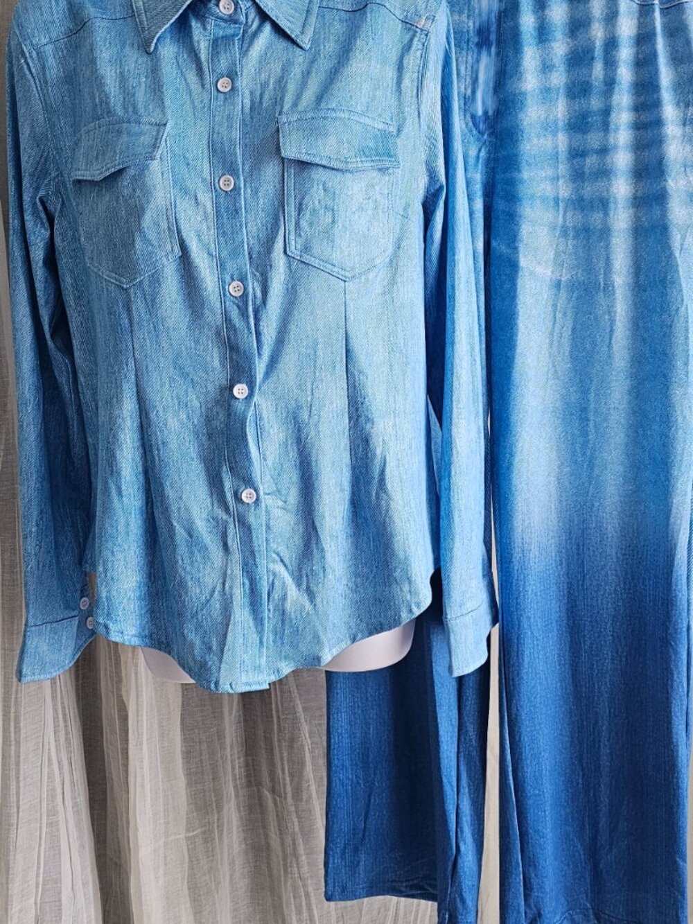 Women’s Denim Print Pajama Set, Soft and Stretchy Pajamas Lounge Wear with Rel - Picture 2 of 3